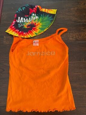 Jamaica Orange Rhinestone Tank Top - Women's Summer Cami & Hat